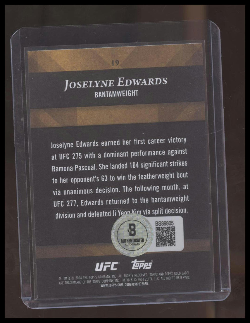 Topps Gold Label 2024 UFC Joselyne Edwards base class 2 RC Auto Beckett Auth