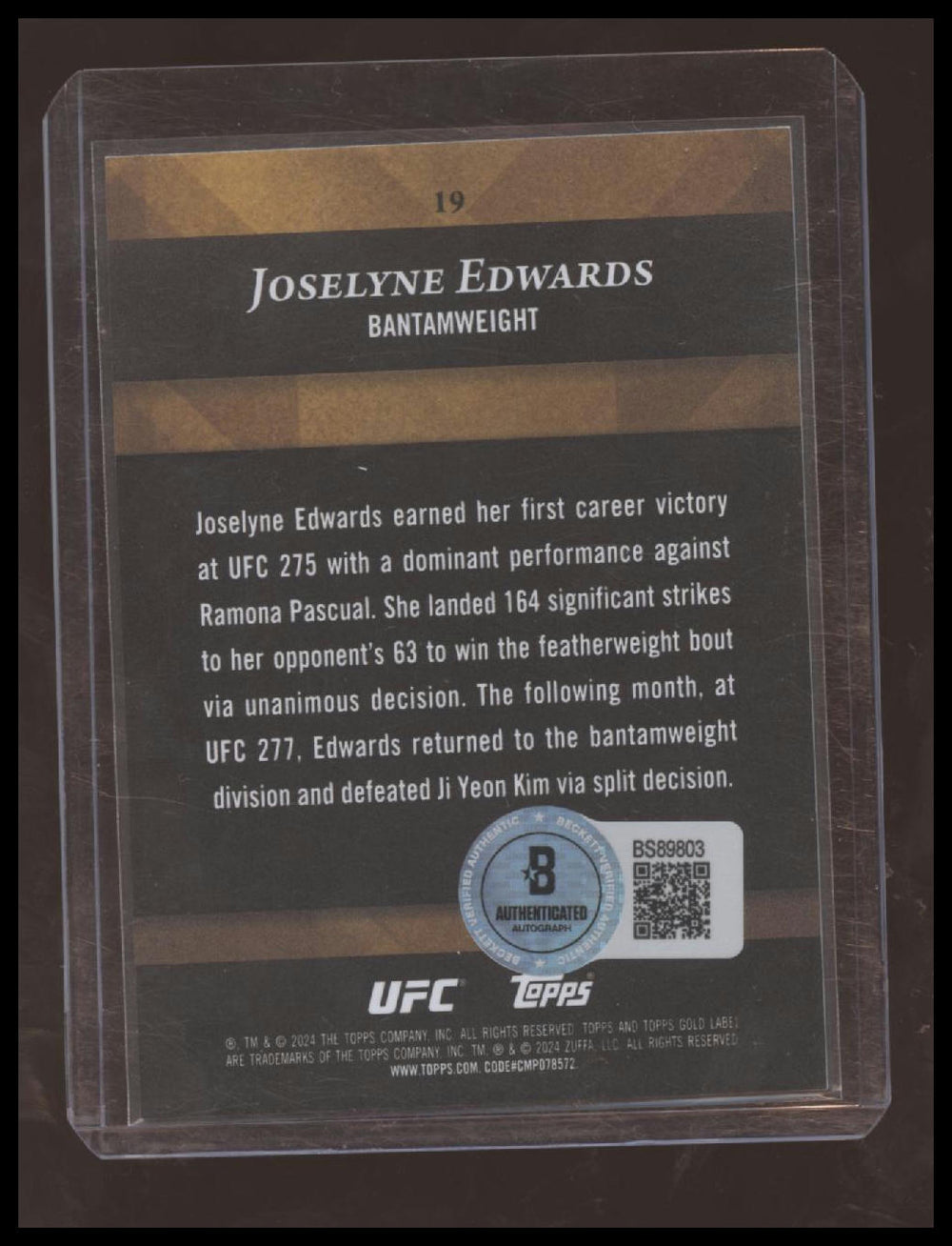 Topps Gold Label UFC 2024 Joselyne Edwards Class 2 Base Autograph Beckett Auth