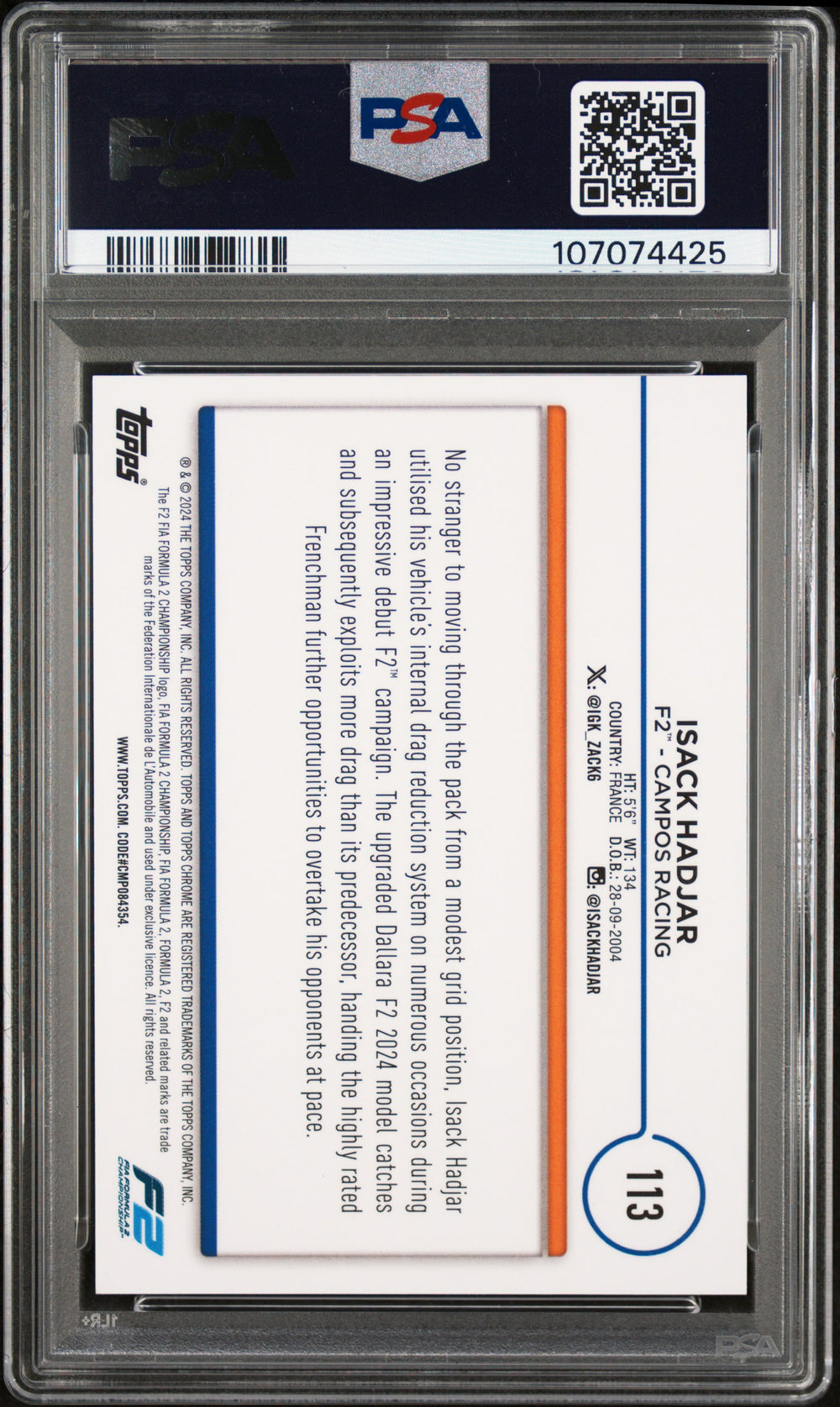 2024 Topps Chrome F1 Sapphire Edition #113 Isack Hadjar Black & White PSA 10