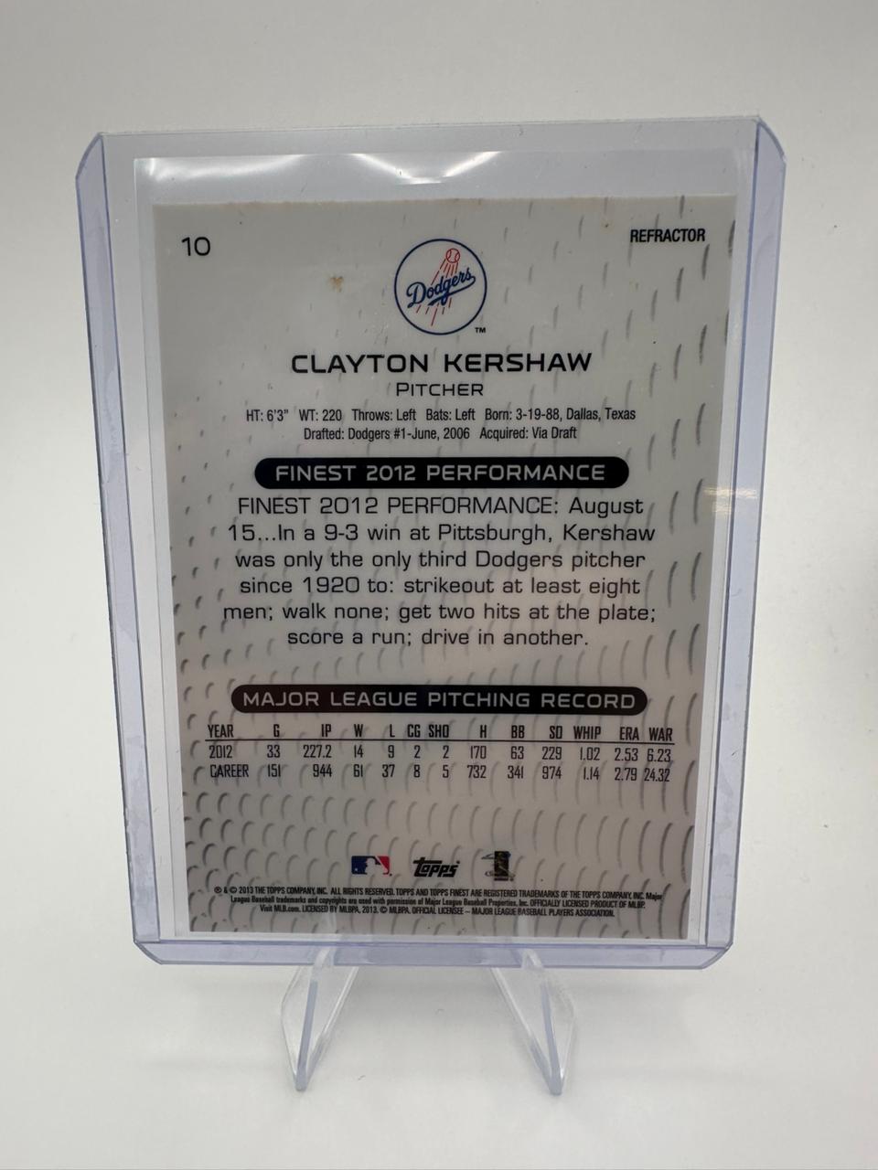 Clayton Kershaw No. 10 - 49/99 Finest Refractor - Topps 2013